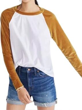 Madewell White & Gold Raglan Velour Long Sleeve Tee